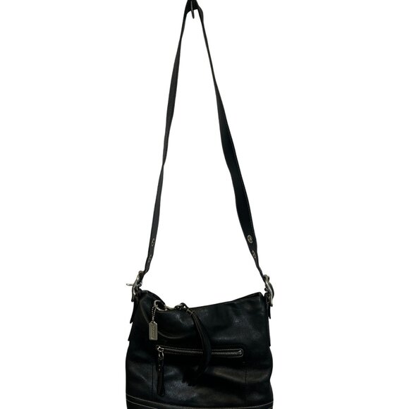 COA Coach Black Leather Shoulder Bag Tote Purse Duffle Tassel White Stitch Fring - Picture 4 of 15